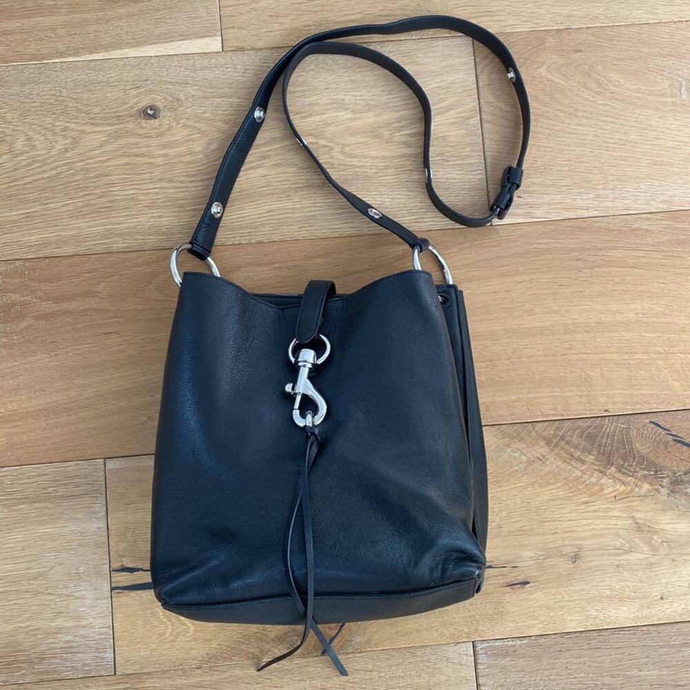 Rebecca Minkoff Black Leather Bucket Shoulder Bag with Silver Clasp